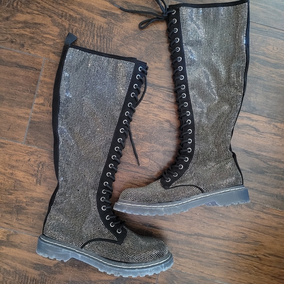 Rhinestone & Black Bling knee high combat boots - Picture 1 of 5